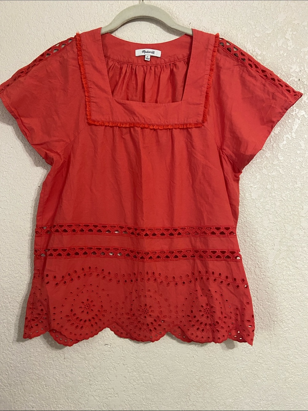 Madewell Coral-Red Eyelet Square Neck Cotton Blouse